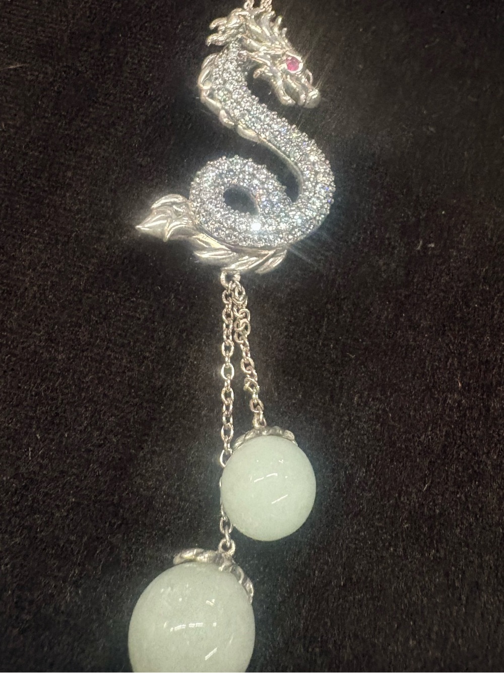 Vintage Silver Dragon Pendant Necklace with Jade Drops